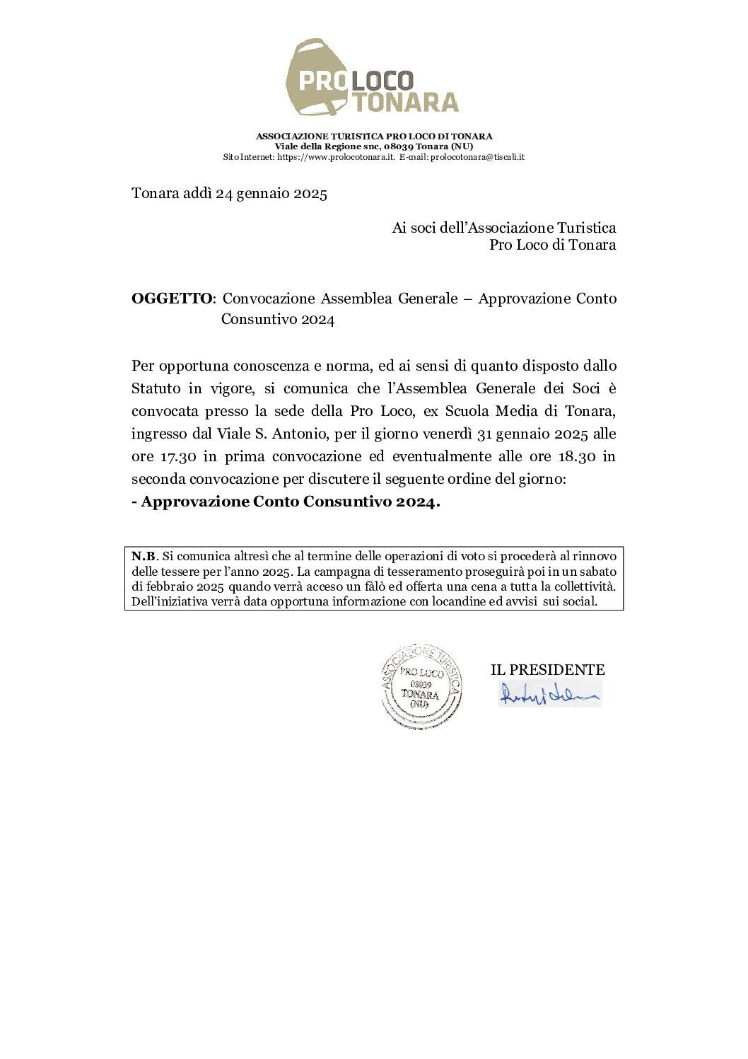Convocazione Assemblea Generale – Approvazione Conto Consuntivo 2024